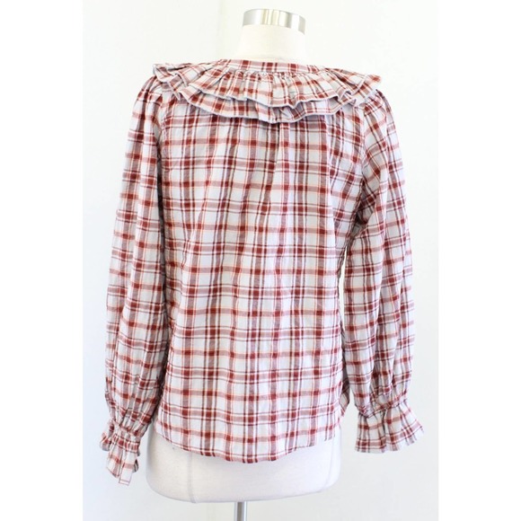 Maeve Anthropologie Plaid Ruffle Button Front Tie Neck Top Blouse Size XS Red - Picture 10 of 11